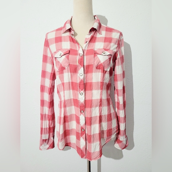North River Women’s Pearl Snap Western Shirt Medium Pink White Plaid 100% Cotton - Picture 2 of 13